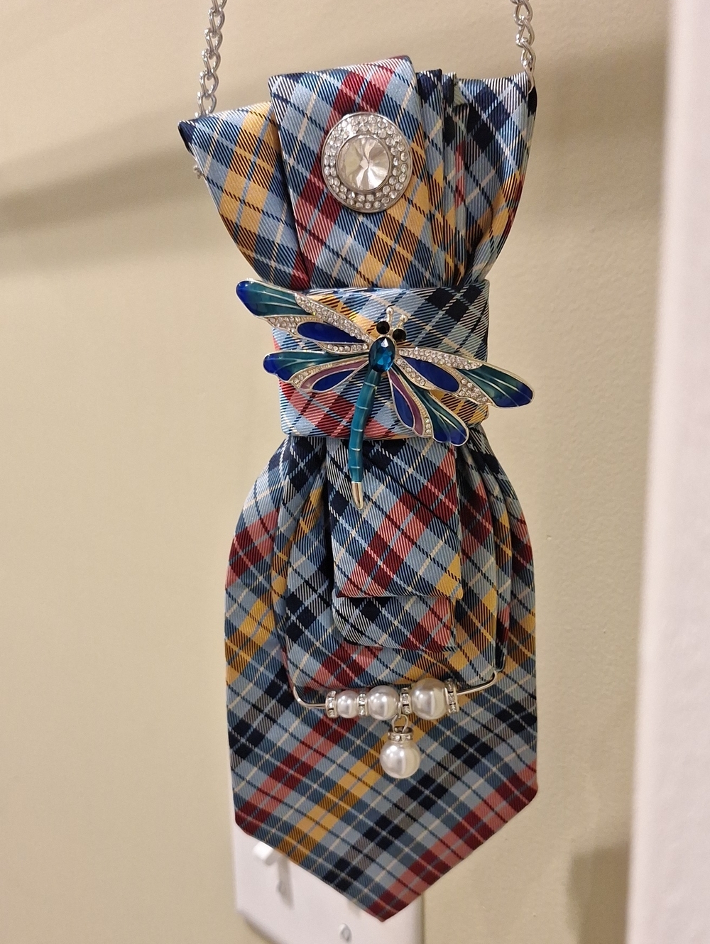Plaid Upcycled Necktie Necklace with Dragonfly.